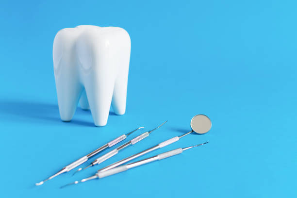istock White dental tooth model with dentistry tools for teeth dental care on blue background. 1251976344