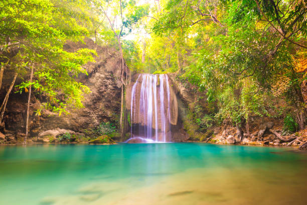 istock Tropical waterfall with emerald lake in jungle forest 1251979600