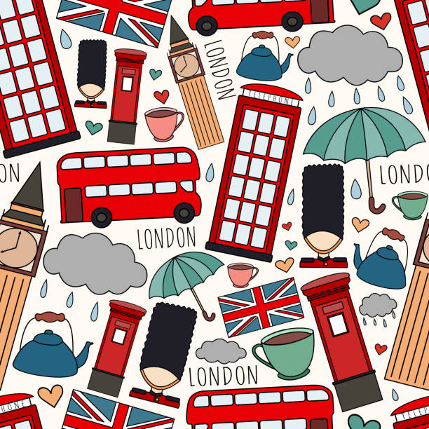 Vector set of London symbols. Welcome to London. Hand drawn vector seamless pattern with Big Ben and phone booth. Vector set of London symbols. Welcome to London. Hand drawn vector seamless pattern with Big Ben and phone booth. Pattern background with London landmarks and Britain symbols vector illustration london fashion stock illustrations
