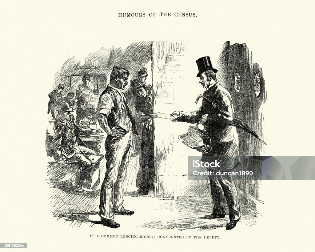 Victorian census enumerator at a common lodging house, 19th Century Vintage illustration of Victorian census enumerator at a common lodging house, 19th Century.  Confronted by the deputy Census stock illustration