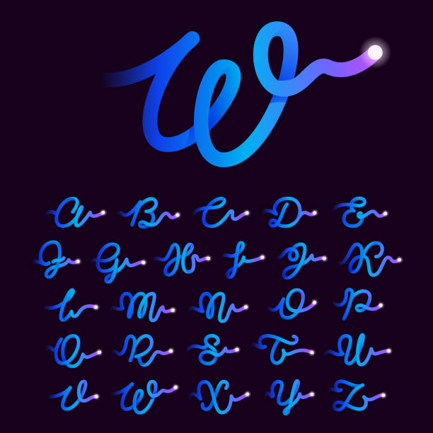 Alphabet with gradient line and flash dot. Perfect font for biotechnology design, heartbeat print, science card etc. laboratory technician icon stock illustrations