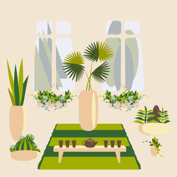 ilustrações de stock, clip art, desenhos animados e ícones de tea ceremony in room. small table with traditional chinese pottery. greenhouse with potted flowers and large windows. vector illustration. - tree decoration flower carpet