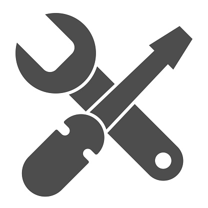 Screwdriver and wrench solid icon, bicycle concept, repairing tools sign on white background, crossed screwdriver with spanner icon in glyph style for mobile, web design. Vector graphics