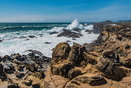 Pacific Ocean waves at Salt Point State Park in Sonoma County, California. Tafoni sandstone rock formation.