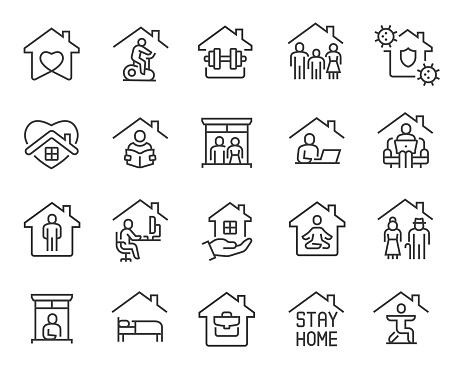 Stay Home Icons set. Collection of linear simple web icons such as Work from Home, Stay Home, Virus Protection, Isolation, Sports and Hobbies, Covid-19, CORONAVIRUS, Family at Home, Quarantine and others. Editable vector stroke.