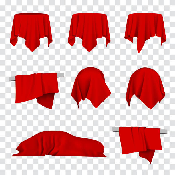 Red Silk Cloth Covered Car, Table and Ball 3d Vector Illustration Red cloth covered car, table and ball 3d realistic vector illustration. Grand opening, reveal, presentation or promotion concept hanging fabric stock illustrations