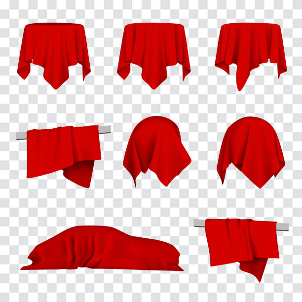 Red Silk Cloth Covered Car, Table and Ball 3d Vector Illustration Red cloth covered car, table and ball 3d realistic vector illustration. Grand opening, reveal, presentation or promotion concept discover card stock illustrations