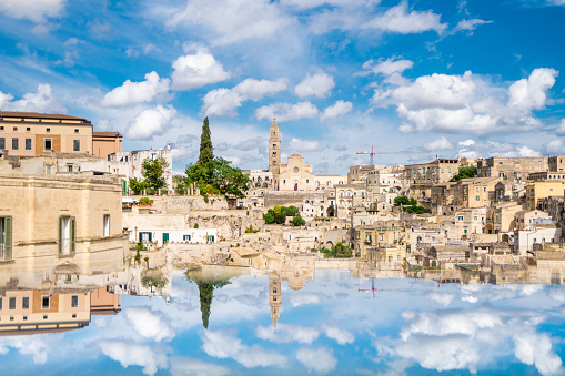 View over the Sasso Barisano from Piazza Duomo in the old town of Matera in Basilicata in southern Italy