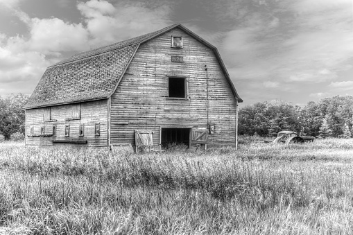 old barn surrounded by tall grass in black and white