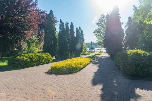Sunny view on promenade in Mragowo, Poland.