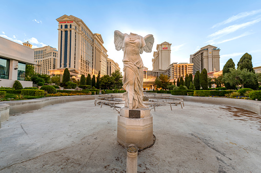 View of the emptied, dried out water fountain at Caesar’s Palace during the COVID-19 government shutdown