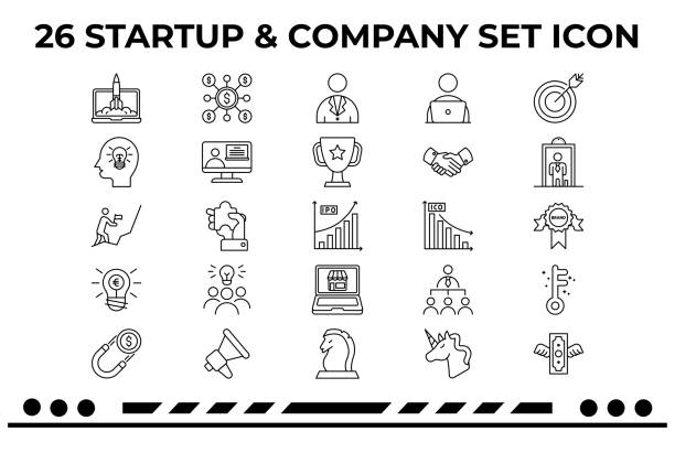 Startup & Company This is an Icon Set about STartup,Business,Finance,Companies,Entrepreneurship and founding. The 26th Icon is not in the feature image but it is in the file. initial coin offering stock illustrations
