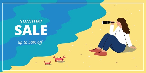 Summer sale banner with young woman sitting on the beach smiling and holding a spyglass in her hand. Template for discount and promotions, special offers or other. Vector illustration in flat cartoon design