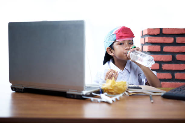Portrait of a boy study at home with a laptop and drinking from a Bottle stock photo
