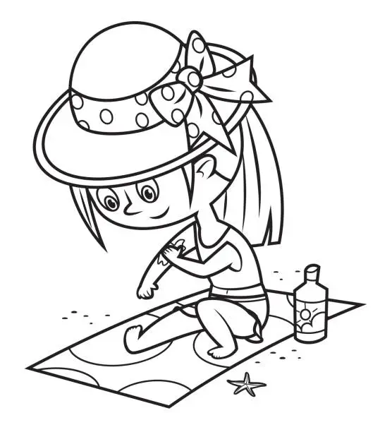 Vector illustration of Black And White, Girl with Sunscreen