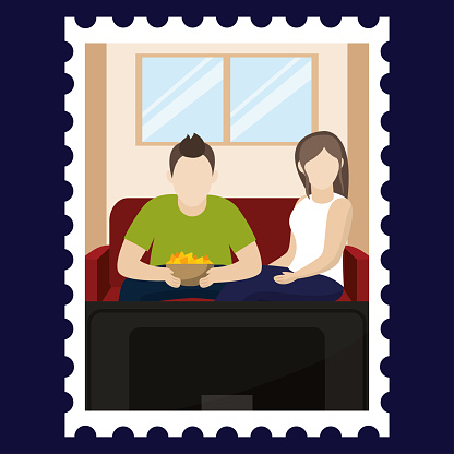 Couple watching television. Home entertainment - Vector illustration