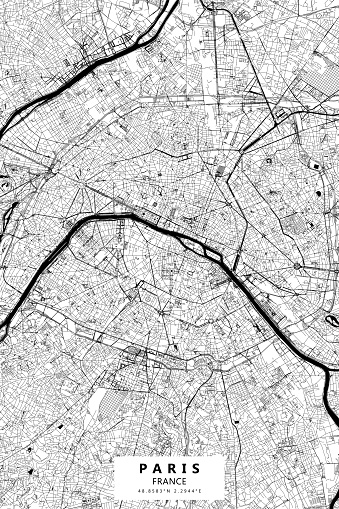 Poster Style Topographic / Road map of Paris, France. Original map data is open data via © OpenStreetMap contributors