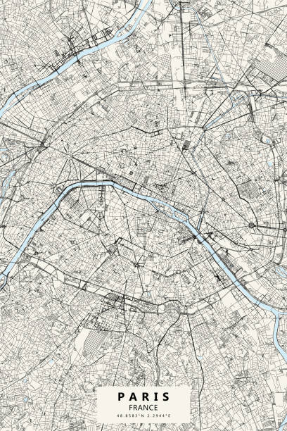 Paris, France Vector Map Poster Style Topographic / Road map of Paris, France. Original map data is open data via © OpenStreetMap contributors musee dorsay stock illustrations