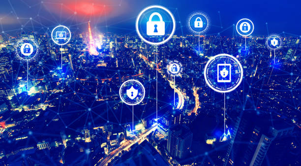 istock Cyber security theme with aerial view of Tokyo 1252123906
