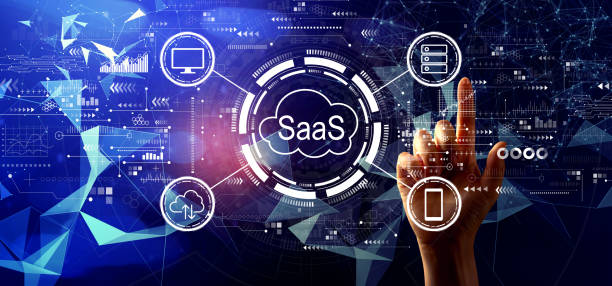 saas - software as a service concept with hand pressing a button - iaas imagens e fotografias de stock