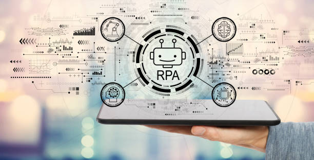 Robotic process automation concept with tablet computer Robotic process automation concept with man holding a tablet computer robotic process automation concept stock pictures, royalty-free photos & images