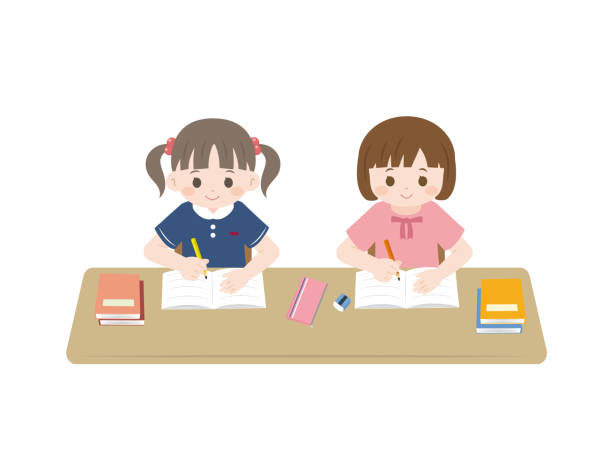 ilustrações de stock, clip art, desenhos animados e ícones de study kids - pre adolescent child child white background asian ethnicity