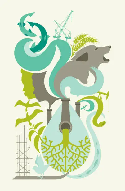 Vector illustration of Concept of environmental impact of industry, ecological disaster, ecosystem dependency, relationship between humans and nature.