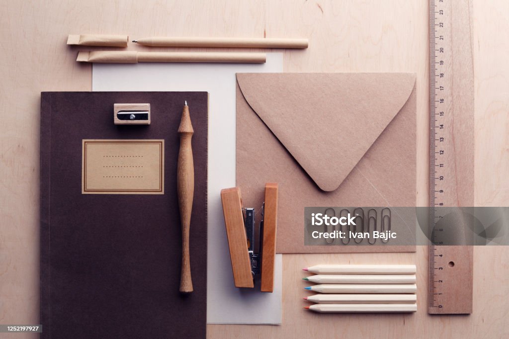 Zero Waste Office Wood and recycled paper office supplies. Zero waste concept. Office Supply Stock Photo