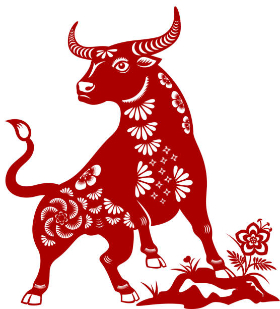 Year of the Ox Papercut Celebrate the Year of the Ox with the red colored paper cut, and the ox is the Chinese Zodiac sign for the Chinese New Year 2021 year of the ox stock illustrations