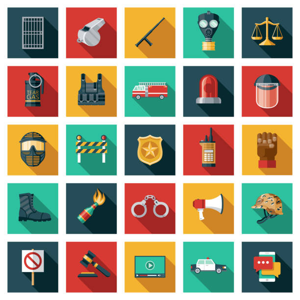 Protest Icon Set A set of protest and civil unrest icons. File is built in the CMYK color space for optimal printing. Color swatches are global so it’s easy to edit and change the colors. riot tear gas stock illustrations