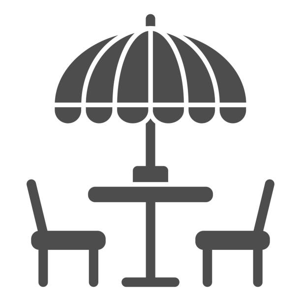 Chairs and table with umbrella solid icon, Street food concept, Outdoor table with umbrella sign on white background, outside cafe symbol in glyph style for mobile and web. Vector graphics. Chairs and table with umbrella solid icon, Street food concept, Outdoor table with umbrella sign on white background, outside cafe symbol in glyph style for mobile and web. Vector graphics lunch clipart stock illustrations
