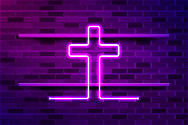 istock Christian cross glowing purple neon sign or LED strip light. Realistic vector illustration 1252205764