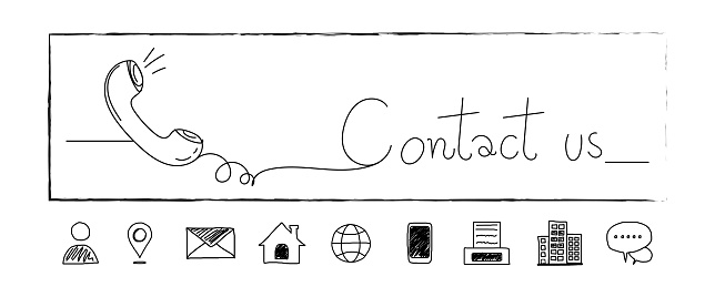 Hand drawn contact icons. address,fax,phone,email,location,mail,website. Line doodle. Contact us. Art and sketch design. Banner symbol. Vector illustration for your graphic design.