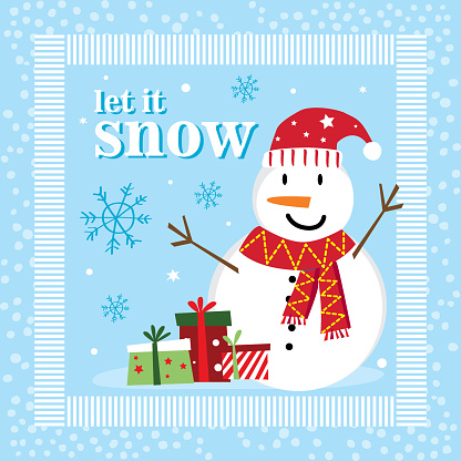 illustration vector graphic let it snow text and snowman with gift. good for greeting card or invitation in holidays and merry christmas season.