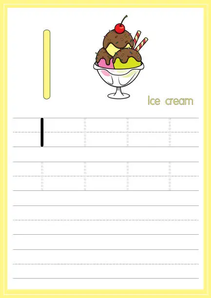 Vector illustration of Vector illustration of ice cream isolated on a white background. With the capital letter I for use as a teaching and learning media for children to recognize English letters Or for children to learn to write letters Used to learn at home and school.