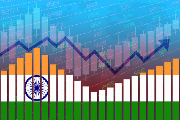 India Economy Improves and Returns to Normal After Crisis Flag of India on bar chart concept of economic recovery and business improving after crisis such as Covid-19 or other catastrophe as economy and businesses reopen again. symbol of india stock pictures, royalty-free photos & images