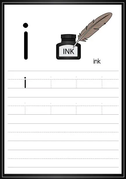 Vector illustration of Vector illustration of Black ink isolated on a white background. With the lower case letter I for use as a teaching and learning media for children to recognize English letters Or for children to learn to write letters Used to learn at home and school.