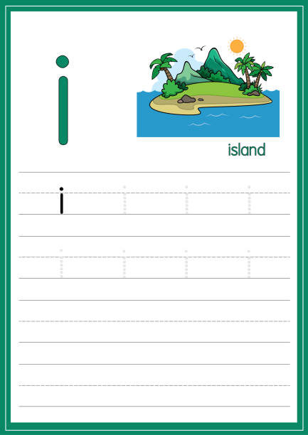 흰색 배경에 고립 된 섬의 벡터 그림입니다. 소문자로 나는 아이들이 영어 편지를 인식하기 위한 교육 및 학습 미디어로 사용하거나 아이들이 집과 학교에서 배우는 데 사용되는 편지를 쓰는 법 - island education learning letter i stock illustrations