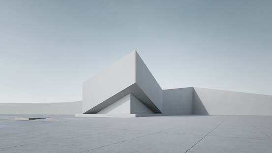 3d rendering of abstract white building with clear sky background.