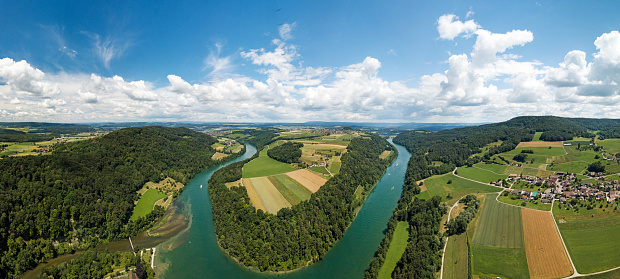 Aerial drone panorama of Rhine loop and sinuosity at Toesegg in Canton Zurich, Switzerland (large stitsched file)