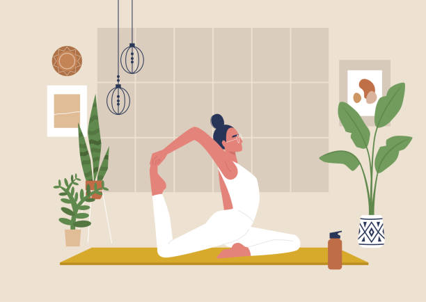 Young female character doing stretching exercises, mindfulness and meditation,  yoga studio Young female character doing stretching exercises, mindfulness and meditation,  yoga studio gym borders stock illustrations