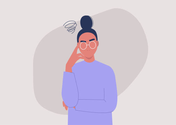 bildbanksillustrationer, clip art samt tecknat material och ikoner med ung irriterad kvinnlig karaktär, skeptiskt ansiktsuttryck - kontemplation illustrationer