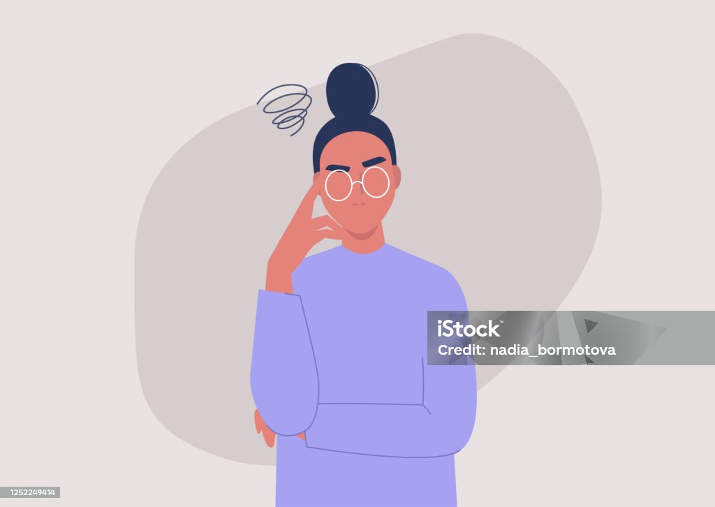 Young annoyed female character, sceptical face expression Contemplation stock vector