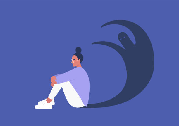 illustrations, cliparts, dessins animés et icônes de jeune personnage féminin ayant une crise de panique, une silhouette imaginaire d’ombre de monstre, des issues de santé mentale, la psychologie - mental health depression silhouette hysteria