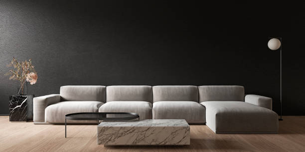 istock Black minimalistic interior with marble coffee table and sofa. 3d render illustration mock up. 1252249435