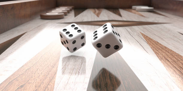 Backgammon, playing an ancient table game. Dice flying over a backgammon board. Rolling dice closeup, strategy and luck, leisure, entertainment concept