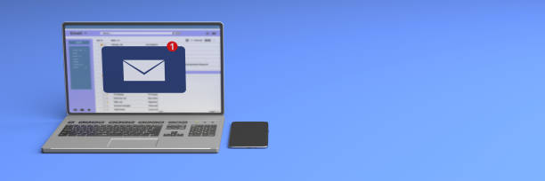 istock Email message inbox notification on laptop screen, blue background, banner, copy space. 3d illustration 1252252602