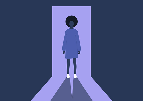 Young black female character standing in a doorway, light and shadow contrast, spectacular appearance, confidence