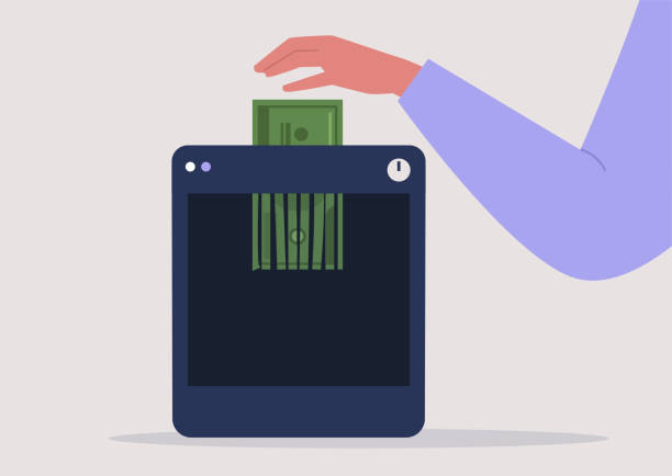 A hand putting a banknote into shredder, deflation, financial crisis, bankruptcy, money devaluation A hand putting a banknote into shredder, deflation, financial crisis, bankruptcy, money devaluation devaluation stock illustrations