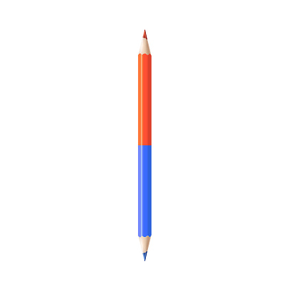 Double sided colored pencil - realistic school education supplies element. Red and blue pencil with two sharpened sides, vector illustration isolated on white background.